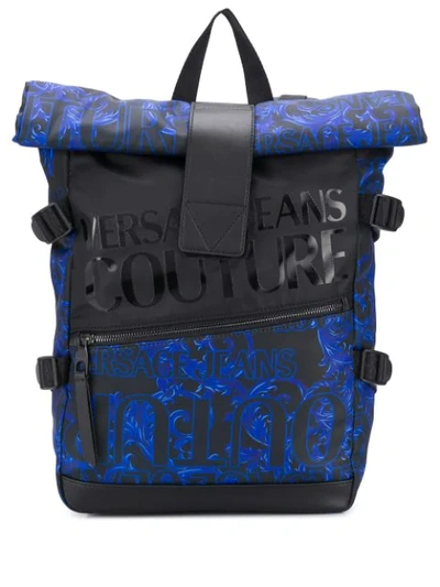Versace Jeans Couture Blue & Black Nylon Backpack With Logo Print In Blue/black