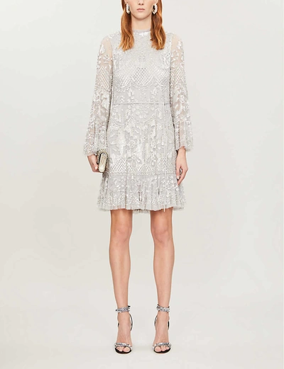 Needle & Thread Snowdrop Sequin-embroidered Mesh Mini Dress In Dusk Blue