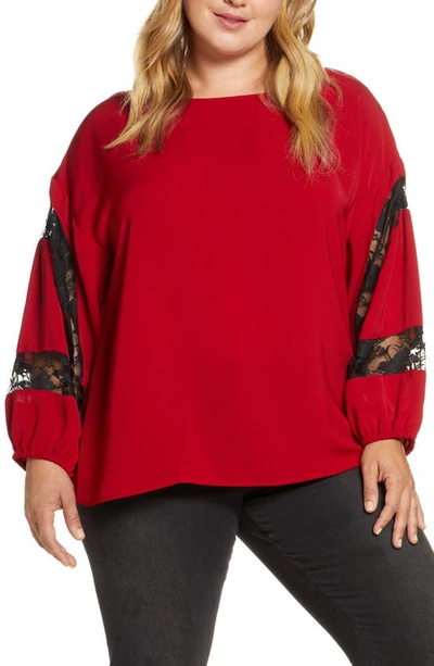 Single Thread Lace Sleeve Inset Blouse In Red