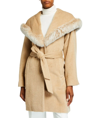 Sofia Cashmere Belted Fox Fur-trim Hooded Coat In Yellow