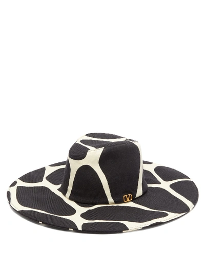 Valentino Garavani Giraffe Print Virgin Wool Large Brim Hat In Black White