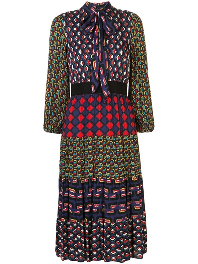 Alice And Olivia Karolina Paneled Blouson-sleeve Midi Dress In Dark Purple