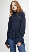 Ramy Brook Justine Smocked Satin Flare-cuff Blouse In Navy