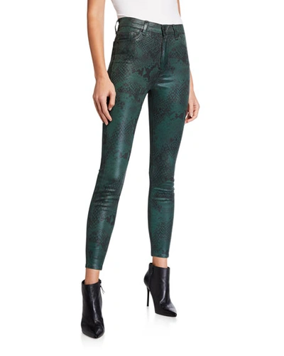 7 For All Mankind High-waist Ankle Skinny Jeans In Coated Green Python