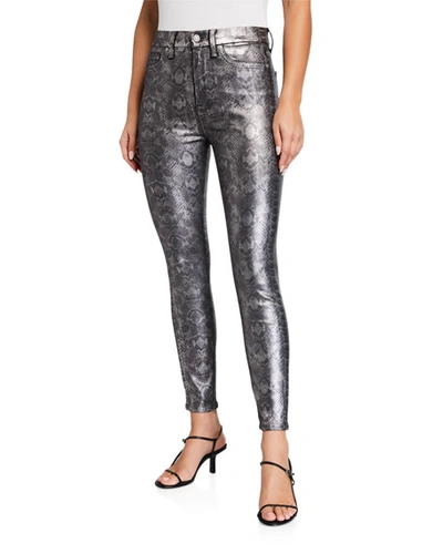 7 For All Mankind High-waist Ankle Skinny Jeans In Black Marble Foil