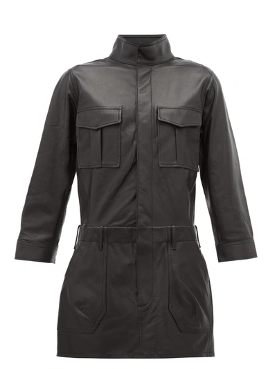 Frame Leather Cargo Long Sleeve Minidress In Noir