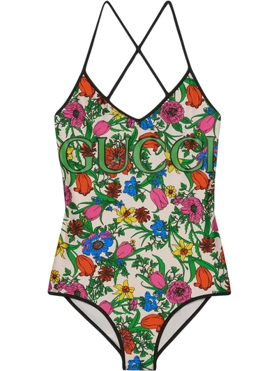 Gucci Pop Flora Print One-piece Swimsuit In Ivory/ Pink Printed