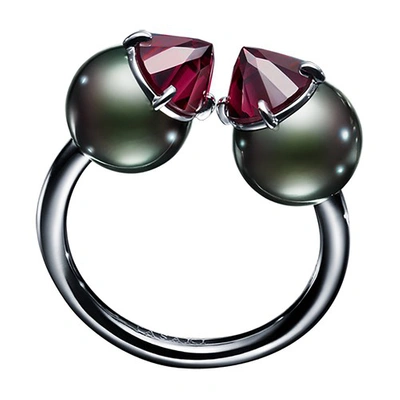 Tasaki 18kt White Gold Rebellion Signature Garnet And South Sea Pearl Ring In Or Blanc