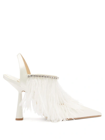 Jimmy Choo Ambre 100 Feather-trimmed Satin Slingback Pumps In Neutral