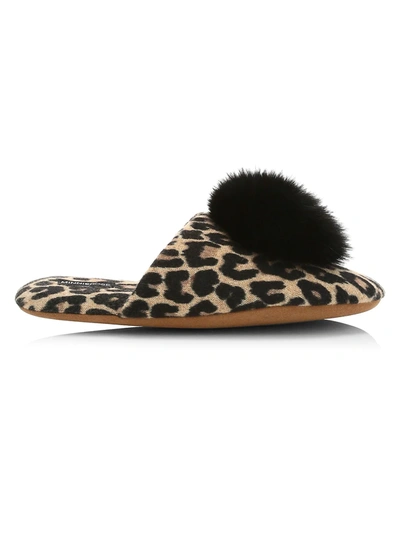 Minnie Rose Fox Fur Pom-pom Leopard Print Cashmere Slippers In Camel