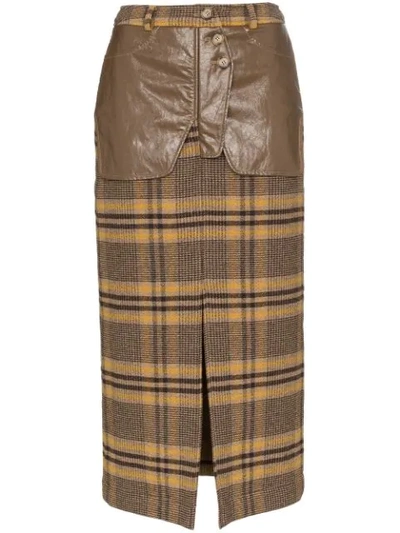 Rejina Pyo Maggie Checked Wool And Faux Leather Midi Skirt In Brown