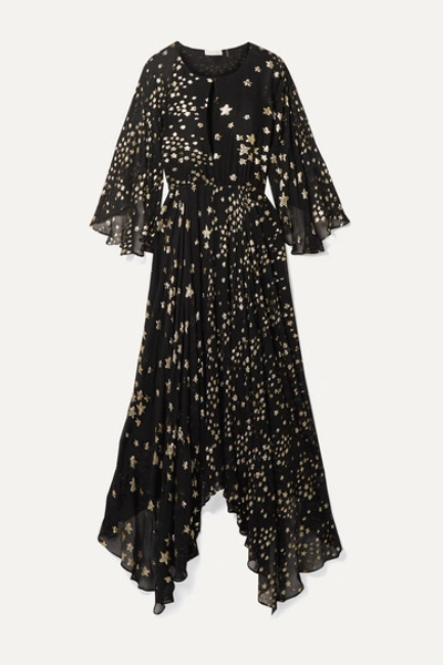 Loveshackfancy Solana Asymmetric Metallic Fil Coupé Silk-blend Chiffon Maxi Dress In Black