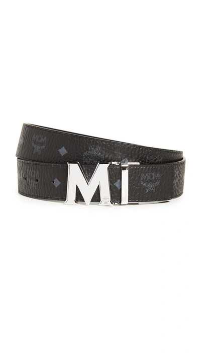 Mcm Antique M Reversible Belt 1.75" In White Logo  Visetos In Black