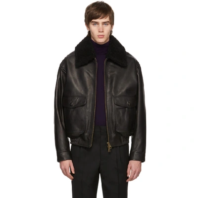 Ami Alexandre Mattiussi Shearling Grained Leather Jacket In 001 Noir