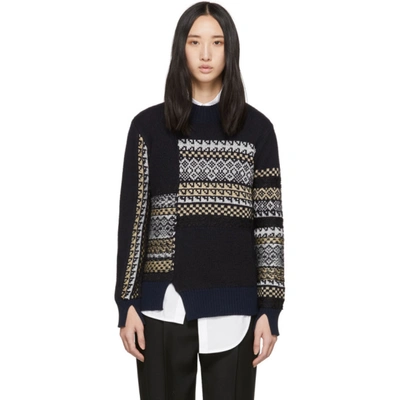 3.1 Phillip Lim / フィリップ リム Navy Merino Series Patchwork Holiday Sweater In Midnight