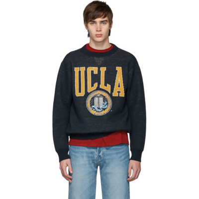 Junya Watanabe Ucla-intarsia Crew-neck Wool Sweater In Blue