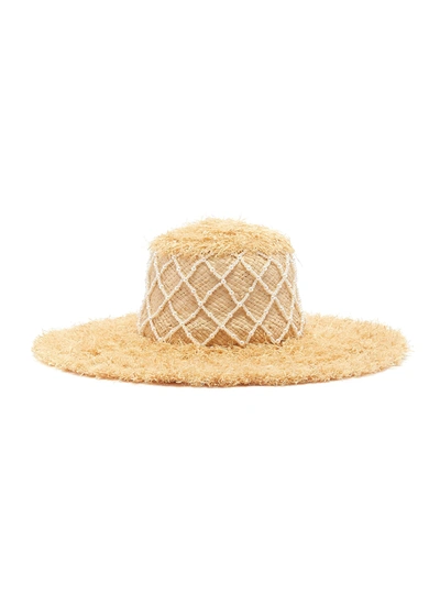 Laurence & Chico Diamond Grid Pearl Embellished Straw Hat In Neutral
