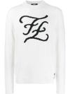 Fendi Karligraphy Knitted Crew Neck Sweater In White