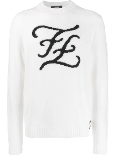Fendi Karligraphy Knitted Crew Neck Jumper In White