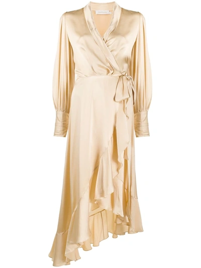 Zimmermann Super Eight Ruffled Silk Wrap Midi Dress In Neutrals