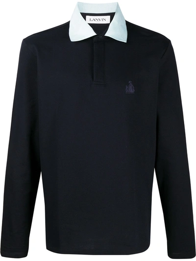 Lanvin Embroidered Two-tone Cotton-piqué Polo Shirt In Blue