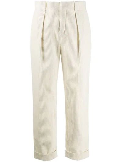 Saint Laurent Cropped Pleated Cotton-corduroy Tapered Pants In Ivory