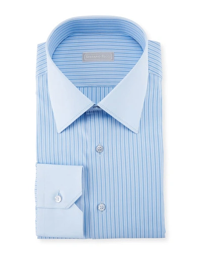Stefano Ricci Striped Cotton Dress Shirt With Solid Cuffs/collar In Bright Blue