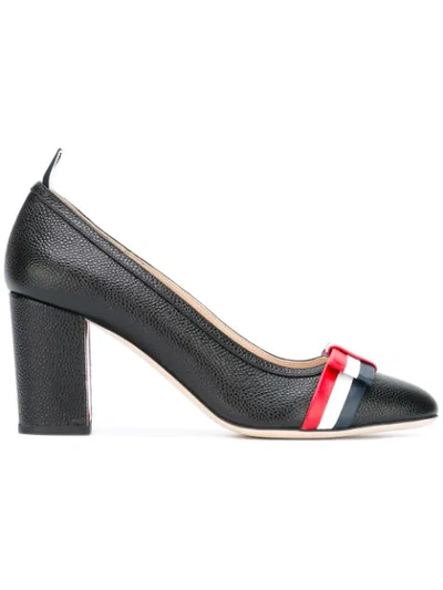 Thom Browne Medium Block Heel With Red, White And Blue Leather Bow In Pebble Grain In Black