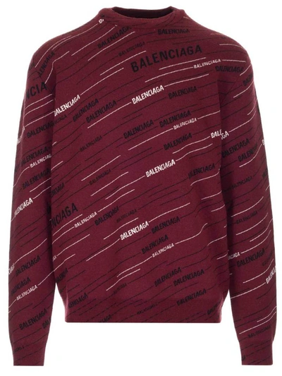 Balenciaga Men's Logo Print Crew Sweater In Burgundy Black White