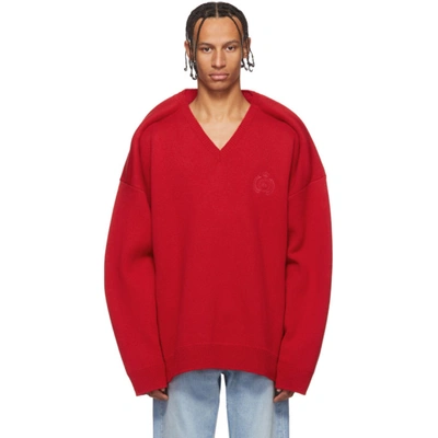 Balenciaga Men's V-neck Pinched-shoulder Oversized Sweater In 6400red