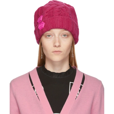 Off-white Rubber Patch Cable Knit Wool Beanie In Fuchsia