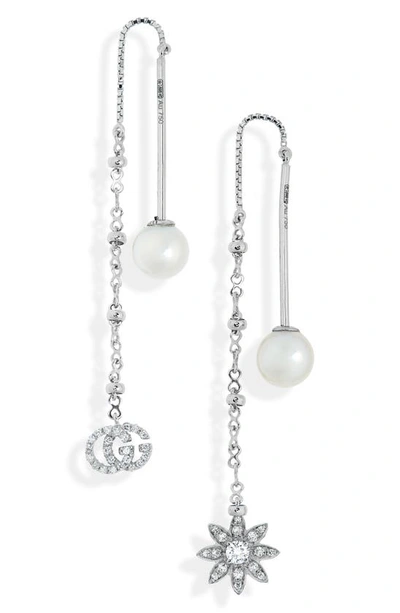 Gucci Flora Diamond & Cultured Pearl Threader Earrings In White Gold/ Pearl