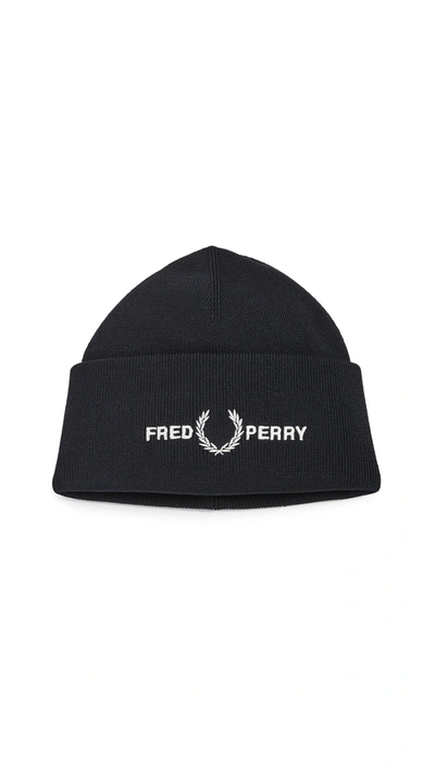 Fred Perry Logo Ribbed Beanie Hat Black