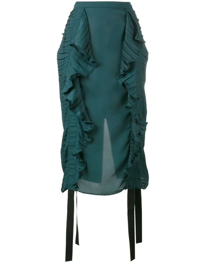 Marco De Vincenzo Ruched Ruffle-trimmed Satin Pencil Skirt In Green