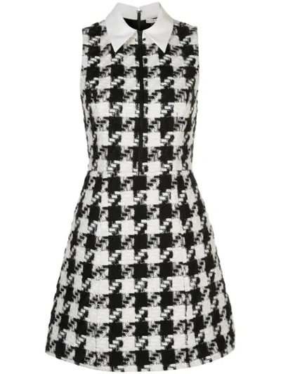 Alice And Olivia Ellis Houndstooth Zip Front Sleeveless Dress In White