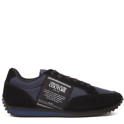 Versace Jeans Couture Black Suede & Blue Fabric Sneakers With Logo Label In Black/blue