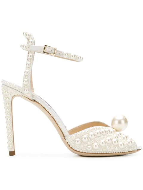 Jimmy Choo Sacora 100 Ivory Floral Lace Sandals With Pearl Detail In