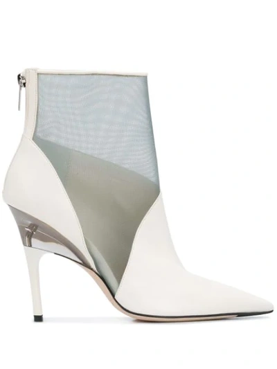 Jimmy Choo Sioux 100 Latte Nappa Leather Mesh Boots With Plexi Heel In White