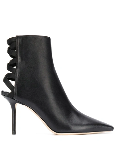 Jimmy Choo Levin 85 Black Leather Point-toe Ankle Boots With Lace-up Ribbon Back