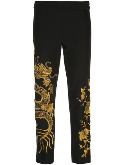 Josie Natori Embroidered Dragon Trousers In Black