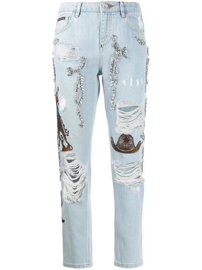 Philipp Plein Boyfriend Cowboy Patch-embellished Jeans In Blue