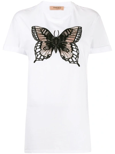Twinset Embroidered Butterfly T-shirta Round Neck In White