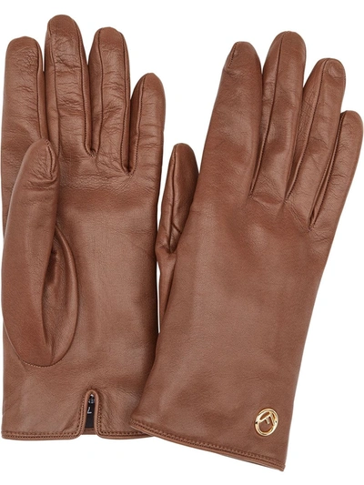 Fendi Leather Logo Gloves In Brown