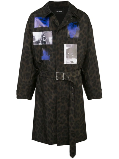 Raf Simons Leopard Print Graphic Patches Coat In Black