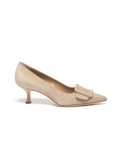 Manolo Blahnik 'maysale 50' Square Brooch Suede Pumps In Brown