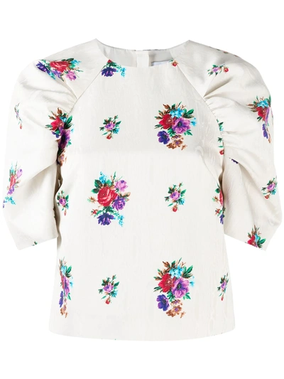 Msgm Structured Floral Jacquard 3/4-sleeve Blouse In Neutrals