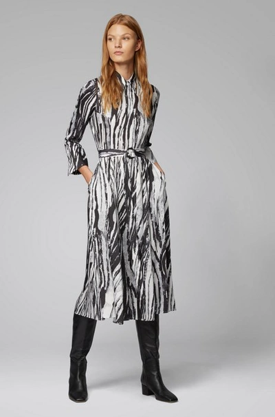 Hugo Boss Belted Midi Shirt Dress In Zebra Print Italian Twill