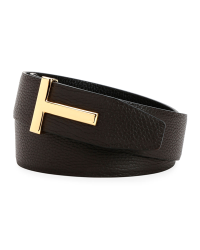 Tom Ford Men's Signature T Leather Belt In Brown