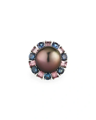 Assael Platinum Tahitian Pearl Garnet-trim Ring