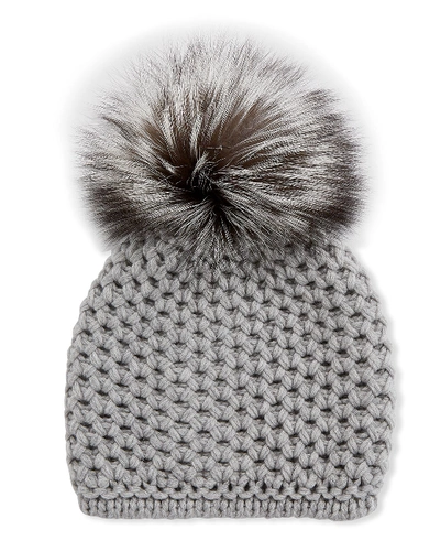 Inverni Honeycomb Cashmere Beanie Hat W/ Fox Fur Pompom In Gray/silver